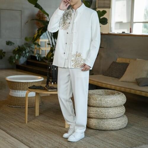 2021Autumn Winter Chinese Style Mens Suit Han Tang Suit Hanfu Two-piece Suit Chinese Tunic Suit Stand Collar Top Coat + Pants