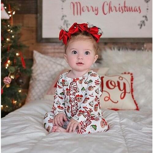 Baby’s Autumn Clothes O-Neck Long-Sleeves Rompers with Cute Cartoon Xmas Printing + Red Bow Headband for Toddler Girl ropa bebe