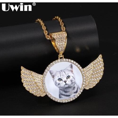 UWIN Cubic Zirconia Custom Made Photo Pendant Necklace Soild Back Full Iced Out Wing Round Tag Hiphop Jewelry Gifts