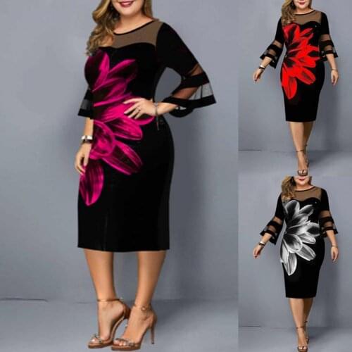 Plus Size Summer Dress Elegant Mesh Bodycon Women Floral Print Party Dress Club Night Outfits Black New Dresses Robe Vestido 4XL