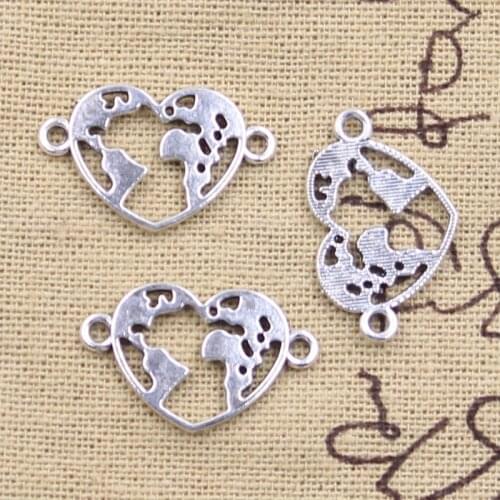 30pcs Charms Heart Earth Map Link 15x24mm Antique Silver Color Pendants DIY Crafts Making Findings Handmade Tibetan Jewelry