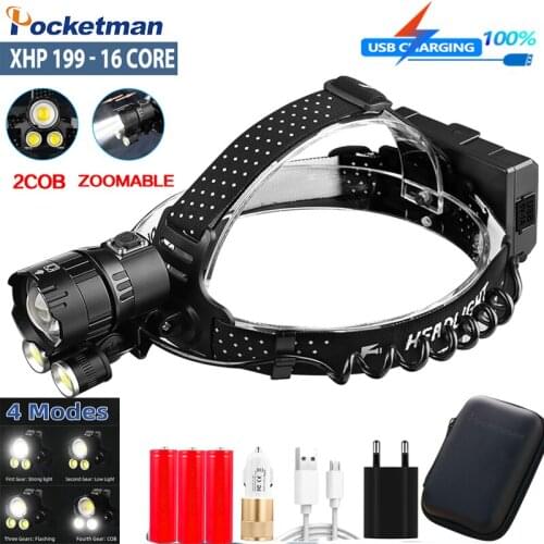 LED Headlamp 16CORE USB Rechargeable With 2 COB Powerful Headlight Outdoor Waterproof Zoomable Head Flashlight Use 18650 Battery