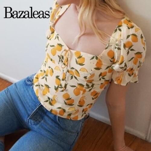 Bazaleas Fashion Square Collar blouse women Chic Fruit lemon Print ropa mujer harajuku shirt Vintage short Sleeve Blouse