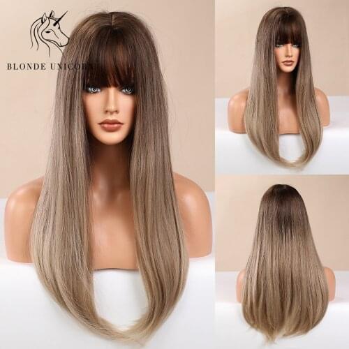 Blonde Unicorn 22 Inch Women Synthetic Wigs Long Straight Hair With Natural Bangs Real Skin Crown Ombre Wig 4 Colors