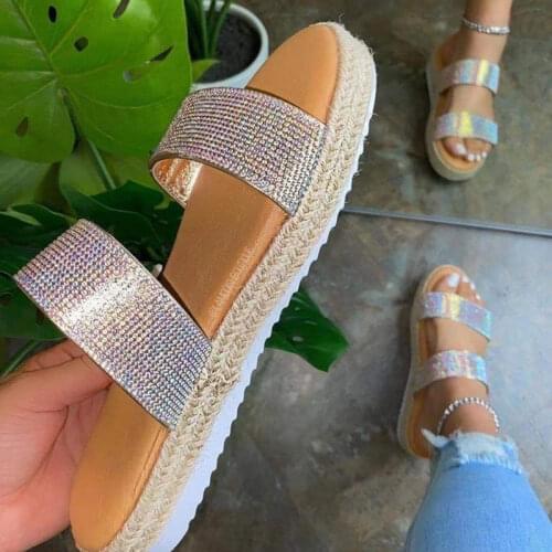 Woman Crystal Slippers New Womens Bling Hemp Outdoor Slides Ladies Fashion Flat Platform Female Non Slip Women Shoes Plus Size