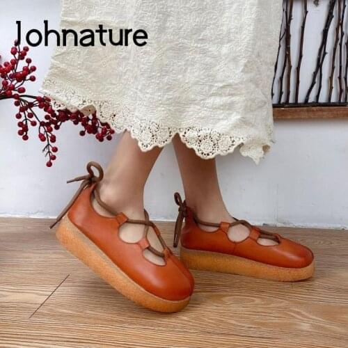 Johnature Pumps Women Shoes Genuine Leather Lace-Up 2021 New Spring/Summer Handmade Concise Retro Leisure Casual Ladies Shoes