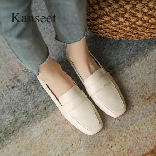 Kanseet 2021 Autumn Womens Shoes Concise Beige Genuine Leather Low Heels Handmade Slip-On Office Lady Shoes Women Plus Size 43