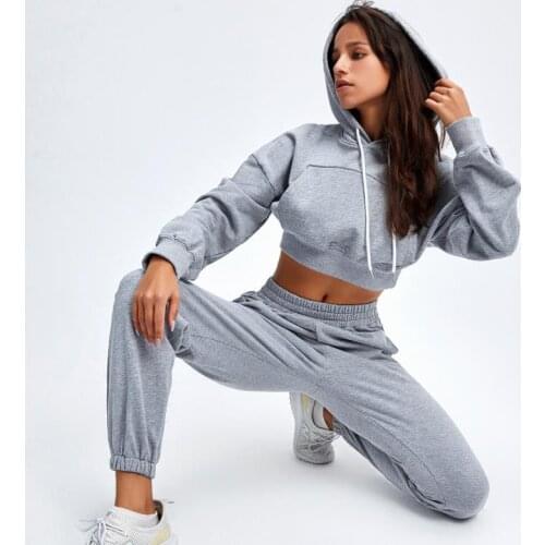 Womens Tracksuits Sport Clothes Set Solid Color Long Sleeve Short Hoodie + Elastic Waist Pants Fitness Casual Outfits Sportwear