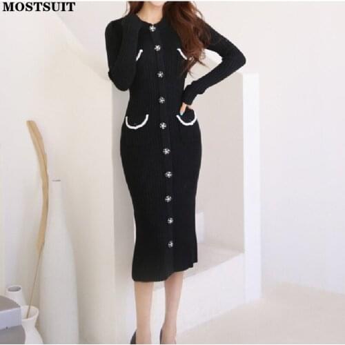 Diamond Buttons Knitted Sweater Dress Women Full Sleeve O-neck Pockets Pencil Dresses Elegant Party Ladies Vestidos 2022