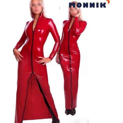 MONNIK latexRed Latex Dress Rubber Evening Dresses Sexy Party Long Sleeve Gown Gummi 0.4mm