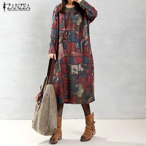 ZANZEA Women Vintage Floral Printed Dresses 2021 Autumn Elegant Casual Loose Long Sleeve O Neck Mid-calf Dress Vestido