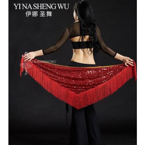 1pc Sequins Triangle Hip Scarf Belly Dance Wrap Belt Skirt Belly Dance Waist Chain Dancing Practice Accessories Hip Scarf 9Color