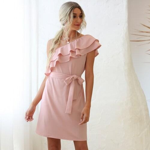 2021 Womens Dress Cascading Ruffle One Shoulder Mini Dress Sleeveless Summer Girl Solid Color Sashes Dresses Clubwear