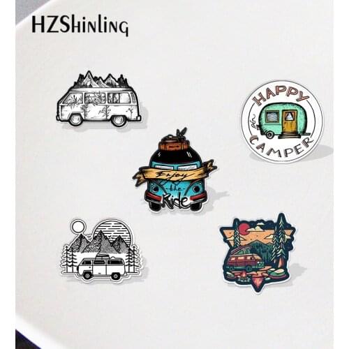 Acrylic Lapel Pins Wild Travel Bus Mountain Camping Explore Craft Resin Epoxy Accessories
