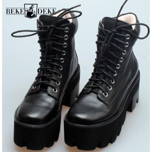 Winter Women Fleece Lining Thick Platform Ankle Boots Casual Block High Heels Riding Safety Shoes Lace Up Genuine Leather Boots