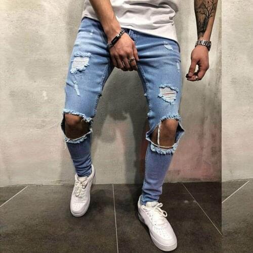 Hip Hop Jeans Men Fashion Streetwear Mens Jeans Vintage Blue Gray Skinny Destroyed Ripped Jeans Broken Punk Pants Homme