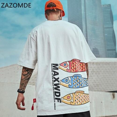 ZAZOMDE Summer Streetwear Tshirts Mens Three Fish Print Harajuku Couples Casual Tops Tees Fashion Short Sleeve Shirts 2021 New