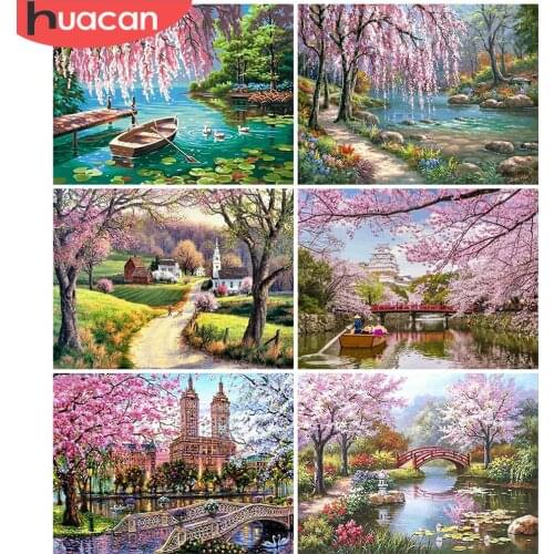 HUACAN 5d Diamond Painting Natural Scenery Mosaic Cherry Blossoms Tree New Arrivals Embroidery Landscape Home Decoration