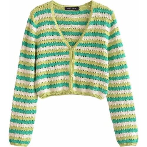Nice Elegant Women Green Knitted Striped Short Tops New Spring Vogue Female Slim Hollow Out Jacket Ladies Chic V Neck Top