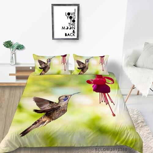 Red Flower Bedding Set Hummingbird Fresh Nature Duvet Cover King Size Queen Single Twin Full Hot Sale Bed Set High Quality