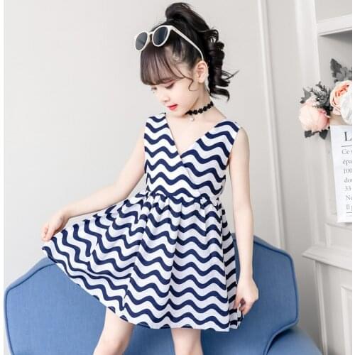 Summer Casual Baby Girls V-Neck Wave Pattern Sleeveless Dress Kids Toddler Pageant Backless Sundress F