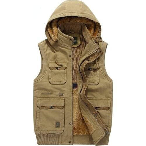 Men Fleece Warm Jacket Fur Hood Sleeveless Vest Waistcoat Travel Multi Pocket Quality Tactical Military Style Casual Thick Male