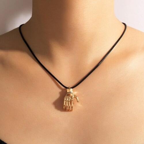 HuaTang 2021 New Gold Color Fingers Palm Pendant Necklace for Women Men Black Rope Clavicle Chain Charming Jewelry Party 19597