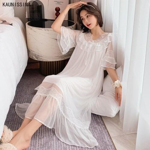 Womens Night Dress Princess Sleepshirts Vintage Ladies Palace Style Lace Nightgowns Modal Long Nightdress Lounge Sleepwear