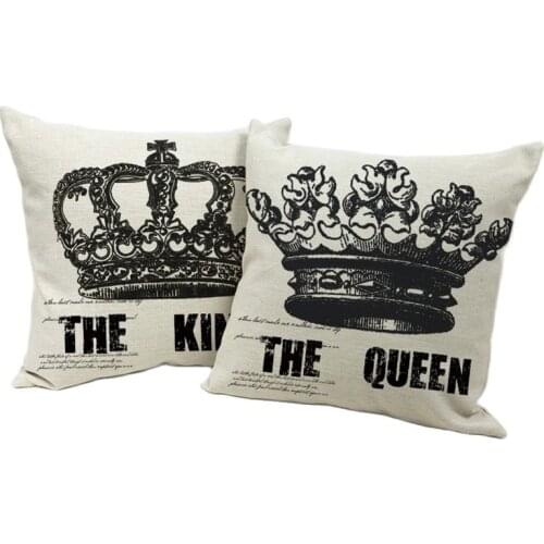 Crown Cushion Cover Square Linen Cotton Printed Letters The Queen The King Pattern Decor Sofa Pillow Case Home Decor Living Room