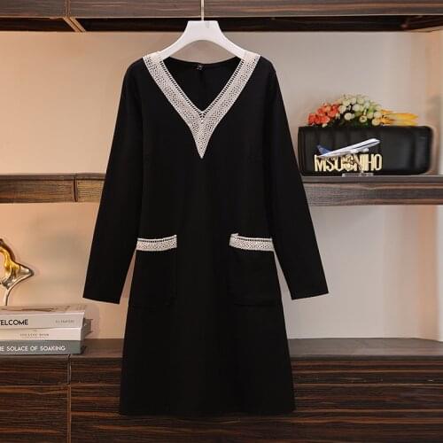 Plus Size Women Vintage elegant Dress 2021 V-Neck Long Sleeve Ladies Midi Dresses korean sexy hollow out black party dress