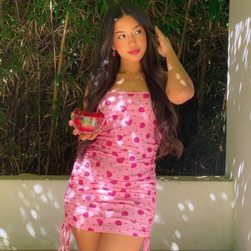 Kawaii Heart Print Pink Casual Dresses Y2K Fashion Pink Straped Bodycon Cami Dress Kawaii Sexy Mini Dresses Streetwear Style