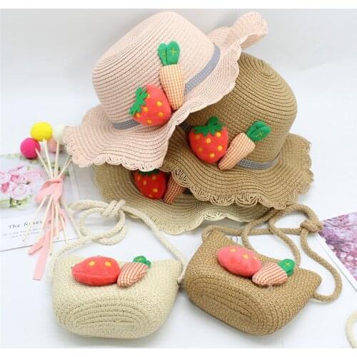 Summer Childrens Straw Hat Boys Girls Sun Cap Bag Set Wide Cartoon Strawberry Flat Brim Beach Panama Hat Kids Travel Cap Female