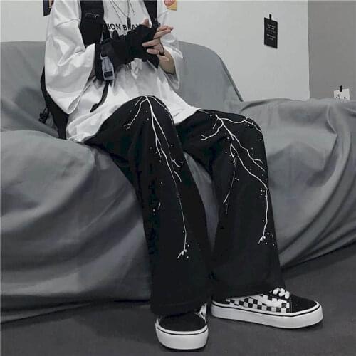 Sports Pants Men Women Baggies Summer Korean Ins Retro Hip-hop Lightning Casual Loose Straight Wide Leg Trousers Gothic