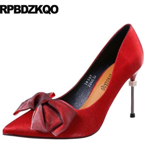 Red shoes sweet pumps high heels crystal satin metal stiletto ladies diamond rhinestone bow black chic pointed toe thin 2019