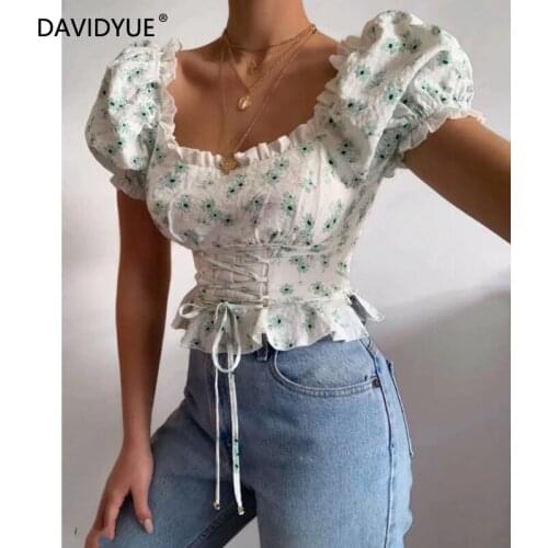 Crop top women ruffle shirts vintage floral blouse elegant puff sleeve top lace up sexy top women korean white shirt streetwear