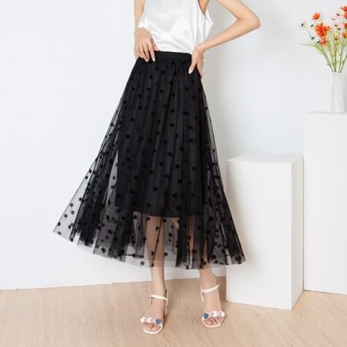 Black Long Skirt Women High Waist Four Leaf Flocking Mesh Skirt For Women Summer Autumn Stitching 10 Pieces Of Fairy Long Skirts