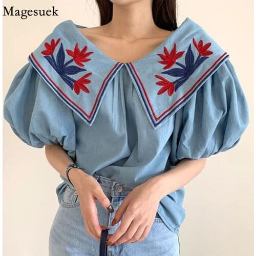 Summer Loose Denim Shirt Vintage Ethnic Style Flower Embroidery Blouses Women Slash Neck Lantern Sleeve Femme Tops Blusas 15433