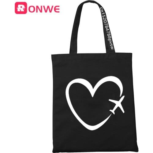Travel Plane Heart Love Black Print Women Shopping Canvas Bag Female Girl Tote Eco 90s Style Shopper Shoulder Bags,Drop Ship