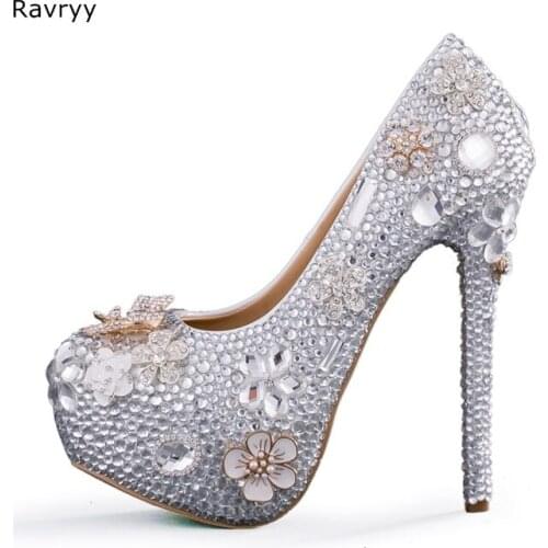 Diamond flowers decor bride Wedding Shoes woman high heel bling bling crystal shoes platform heels party feamle dress shoes