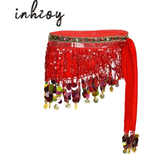 Shiny Sequins Tassel Waist Chain Lace-Up Hip Scarf Wrap Skirt Female Stage Performance India Belly Dance Costume for Women Girls