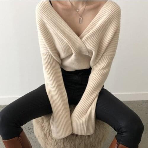 Hstar Knitted Female Casual Sweater Sexy Criss-cross V-neck Autumn Winter Knitwear Elegant OL Pullover Stylish Top Pull