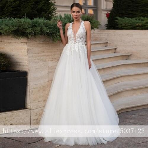 Halter Wedding Dresses 2020 A Line Lace Appliques Sleeveless Sweep Train Bridal Gowns Vestidos de Noivas Backless