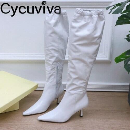 Winter Fashion Long Boots Elastic Zip High Heel Shoes Women Pointed Toe Real Leather Bottnes Over-the-knee Boots For Women Shoes