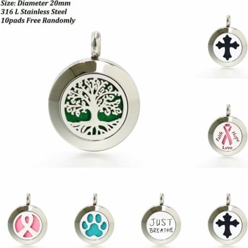 1pcs 20mm Diffuser locket Tree of Life Cross paw 316 L Stainless Steel Magnetic Perfume Pendant medallion with 10 pads no chain