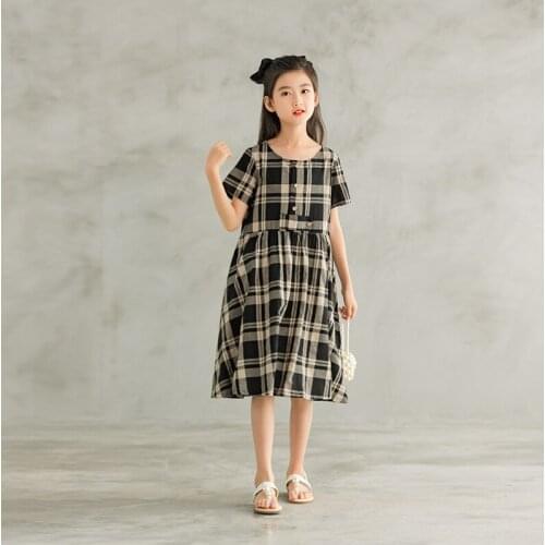 2021 Spring Korean Style Teen Girl Plaid Princess Dress Kids Cotton Loose Casual Clothing Fashion Sweet, #9417