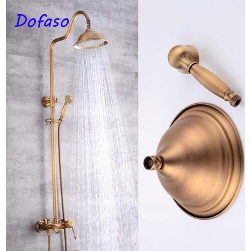 Dofaso antique brass shower set copper shower head round vintage retro rain shower head 8 inch shower retro faucet