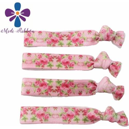 5/8"16mm Retro Flower Series Printed Fold Over Elastic Ribbon Sweet Love Knotted Hair Tie 9.5cm 50pcs/pack