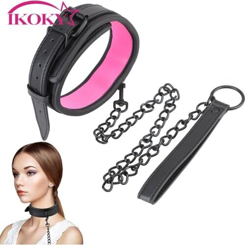 IKOKY Collar Leather And Iron Chain Link Neck Ring Sex Toys For Couples Bondage Collar Slave Restraints Slave Collars SM Bondage