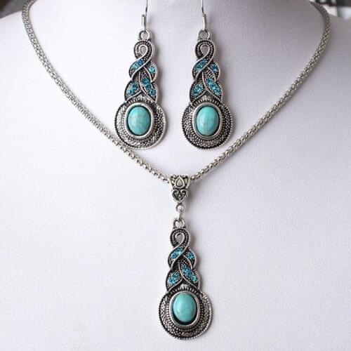 Hot Sale Europe and the United States Retro Water Drop Jewelry Sets Vintage Pattern Blue Crystal Necklace Earrings Set