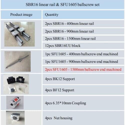 6 set SBR16 linear rail guide + RM1605 SFU1605 ballscrew + BK12 BF12 + nut housing + Coupling for CNC parts